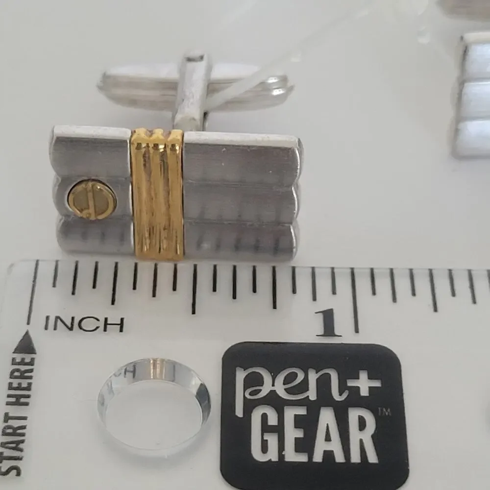 Dunhill D Cufflinks Silver Gold Tone Logo Rectangle Logo Retro Stripped Two Tone